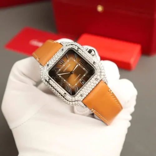 Cartier Santos Brown Dial Super Clone Watch with Custom Moissanite Diamonds